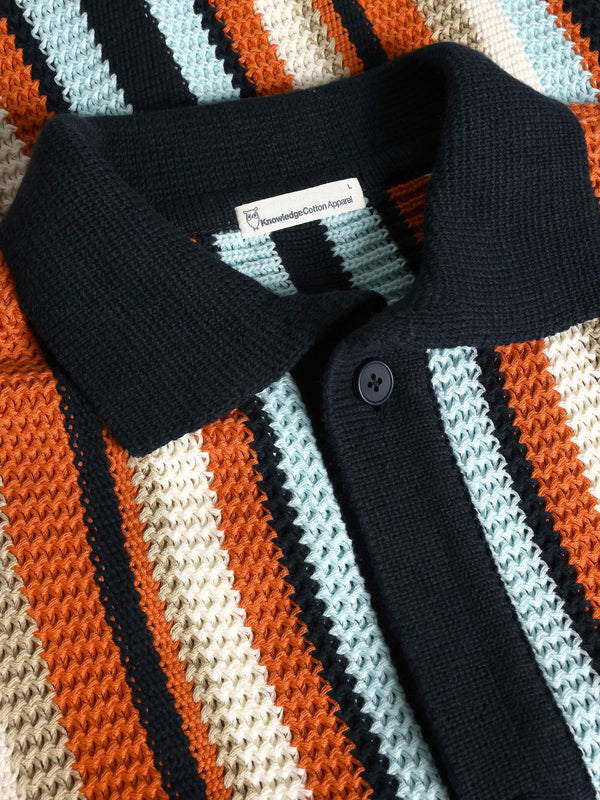 KnowledgeCotton Apparel - MEN Loose short sleeve striped knitted shirt - Regenerative Organic Certified™ - GOTS/Vegan Knits 8021 Blue stripe