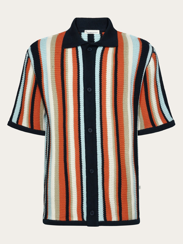 KnowledgeCotton Apparel - MEN Loose short sleeve striped knitted shirt - Regenerative Organic Certified™ - GOTS/Vegan Knits 8021 Blue stripe