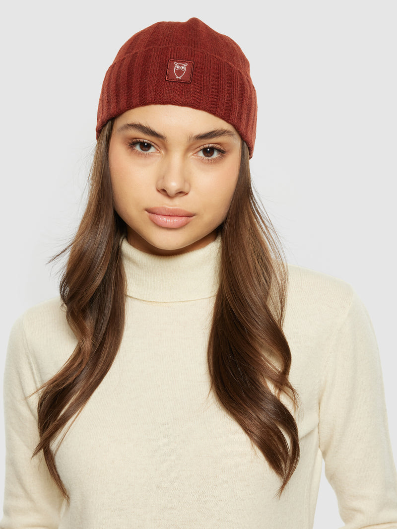 KnowledgeCotton Apparel - UNI Low wool 5x4 rib beanie - RWS Hats 1478 Fired Brick