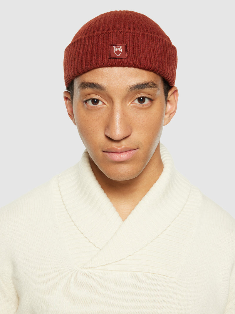 KnowledgeCotton Apparel - UNI Low wool rib beanie Hats 1478 Fired Brick