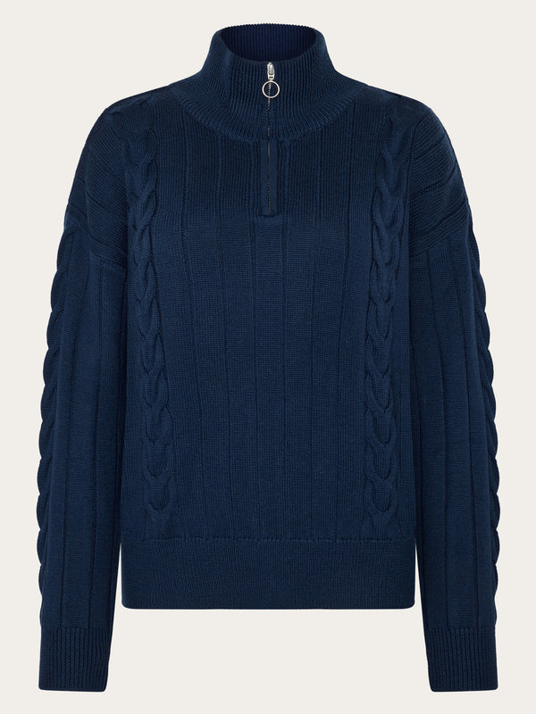 KnowledgeCotton Apparel - WMN Merino Half Zip High Neck RWS Knits 1001 Total Eclipse