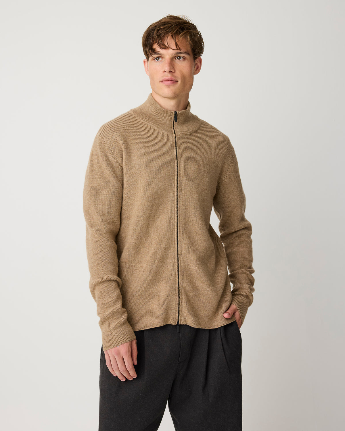 KnowledgeCotton Apparel - MEN Merino full zip sweater Knits 1336 Kelp melange