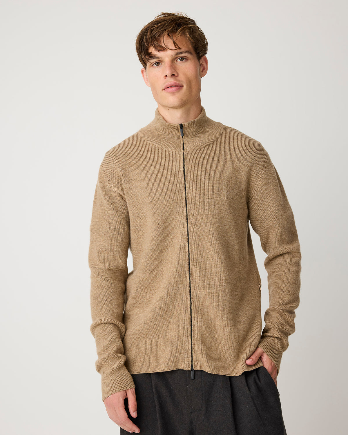 KnowledgeCotton Apparel - MEN Merino full zip sweater Knits 1336 Kelp melange