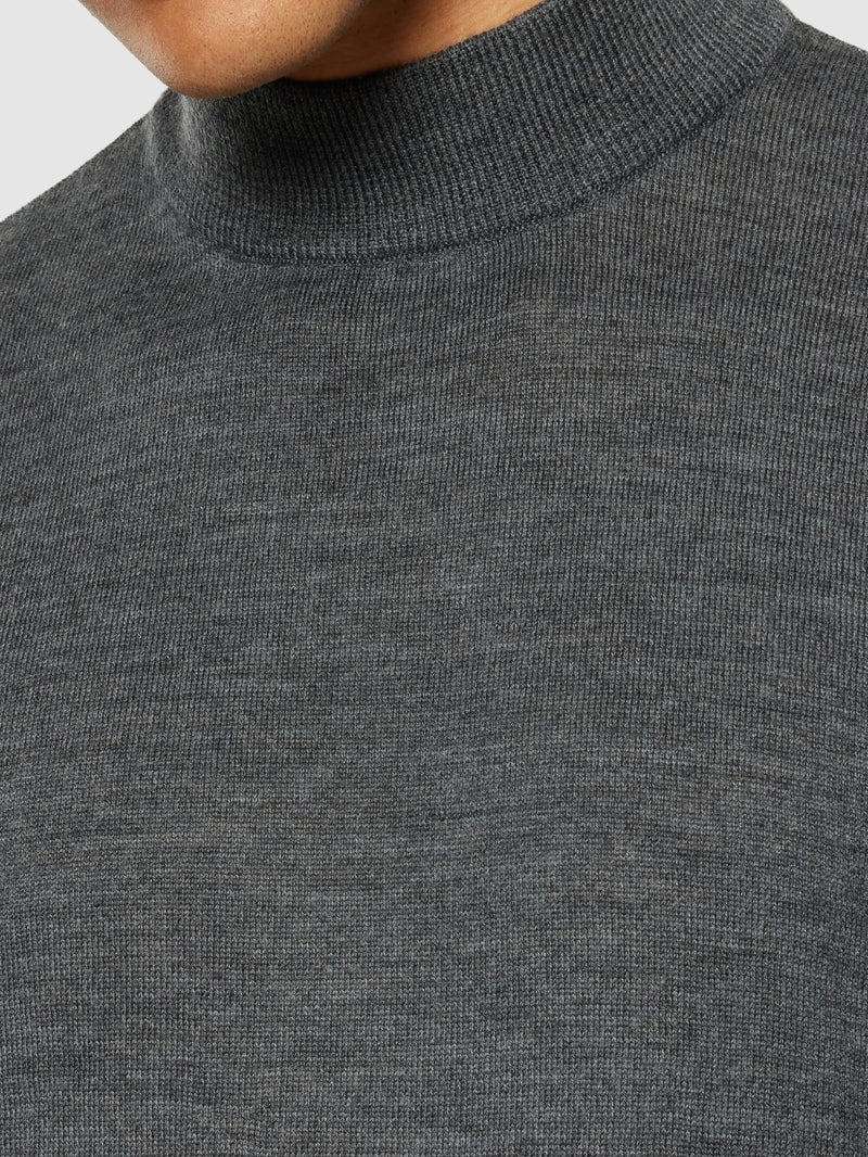 KnowledgeCotton Apparel - MEN Merino mock neck - RWS Knits 1073 Dark Grey Melange