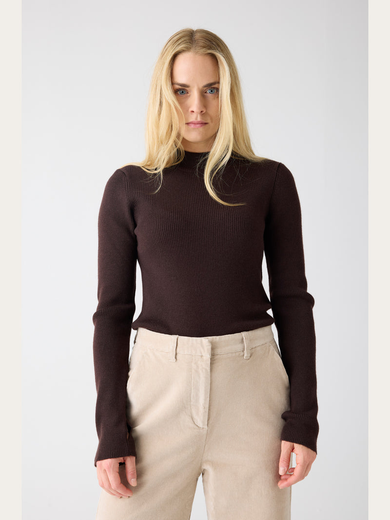 KnowledgeCotton Apparel - WMN Merino rib mock neck long sleeve t-shirt Knits 1487 Chocolate Torte