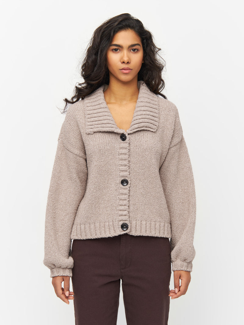 KnowledgeCotton Apparel - WMN Mouline big collar cardigan Knits 1228 Light feather gray