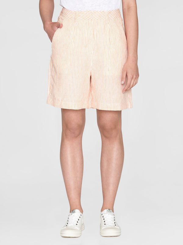 KnowledgeCotton Apparel - WMN POSEY wide high-rise striped linen shorts - GOTS/Vegan Shorts 8029 Orange