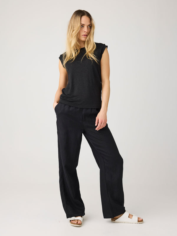 KnowledgeCotton Apparel - WMN POSEY wide mid-rise linen pants - GOTS/Vegan Pants 1300 Black Jet