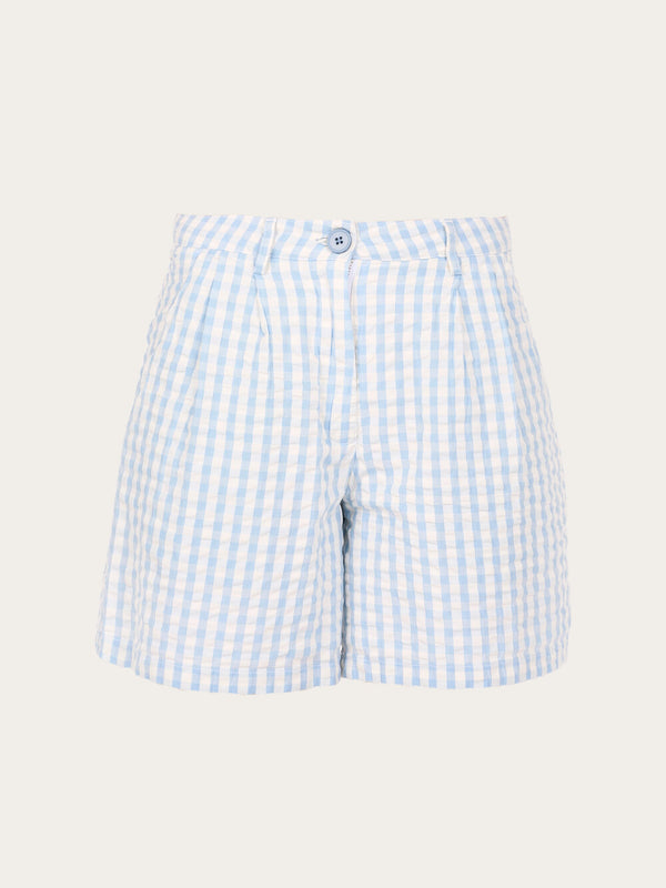 KnowledgeCotton Apparel - WMN Pleated seersucker check shorts Shorts 1349 Chambray Blue