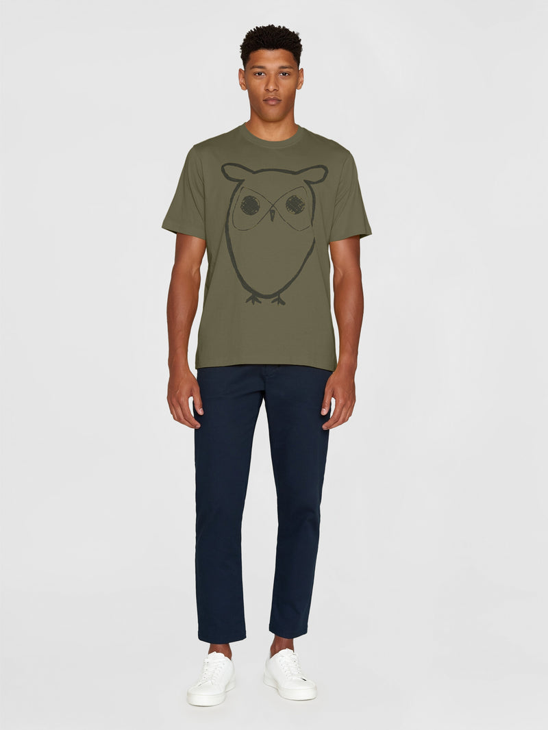 KnowledgeCotton Apparel - MEN Regular big owl front print t-shirt - GOTS T-shirts 1068 Burned Olive