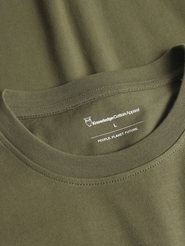KnowledgeCotton Apparel - UNI Regular drop-shoulder short sleeve heavy single jersey printed t-shirt GOTS/Vegan T-shirts 1068 Burned Olive