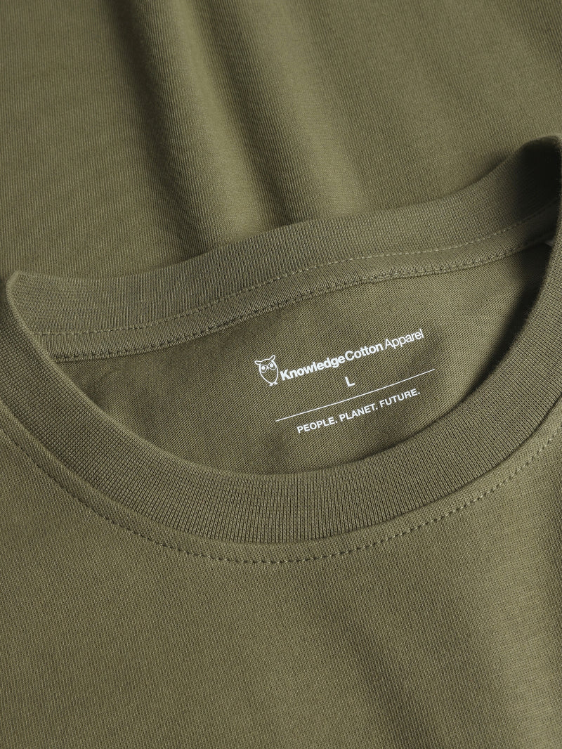KnowledgeCotton Apparel - UNI Regular drop-shoulder short sleeve heavy single jersey printed t-shirt GOTS/Vegan T-shirts 1068 Burned Olive