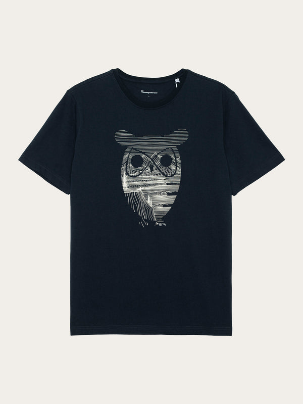 KnowledgeCotton Apparel - MEN Regular fit with big owl front print t-shirt - GOTS/Vegan T-shirts 1001 Total Eclipse