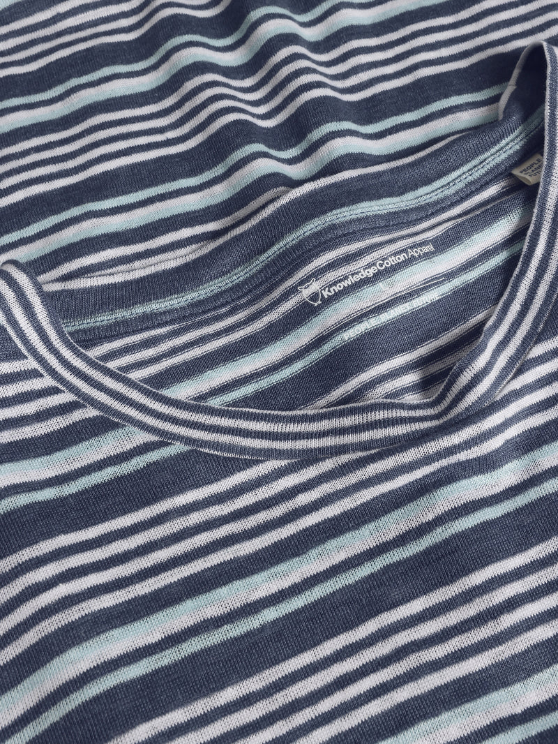 KnowledgeCotton Apparel - MEN Regular linen striped t-shirt - GOTS/Vegan T-shirts 8021 Blue stripe