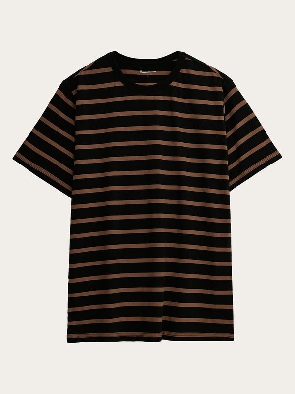 KnowledgeCotton Apparel - MEN Regular short sleeve cotton striped o-neck t-shirt - GOTS/Vegan T-shirts 8026 Brown stripe