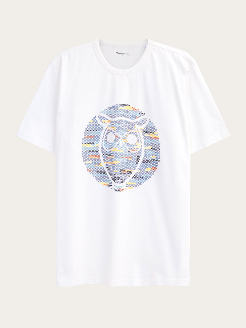 KnowledgeCotton Apparel - MEN Regular short sleeve heavy single owl cross stitch print t-shirt - GOTS/Vegan T-shirts 1010 Bright White
