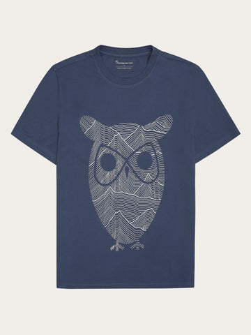 KnowledgeCotton Apparel - MEN Regular single jersey mountain owl printed t-shirt - Regenerative Organic Certified™ - GOTS T-shirts 1226 Vintage Indigo