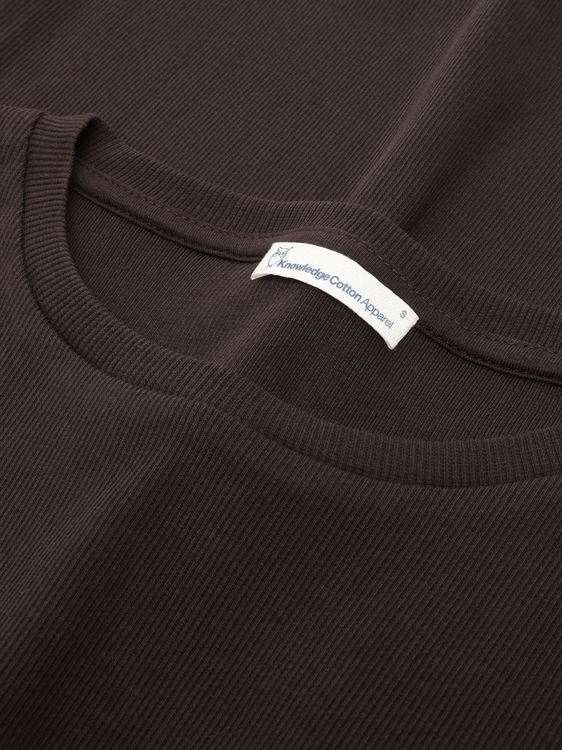 KnowledgeCotton Apparel - WMN Rib Scoop neck long sleeved Long Sleeves 1487 Chocolate Torte