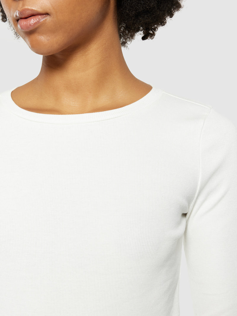 KnowledgeCotton Apparel - WMN Rib Scoop neck long sleeved T-shirts 1007 Star White