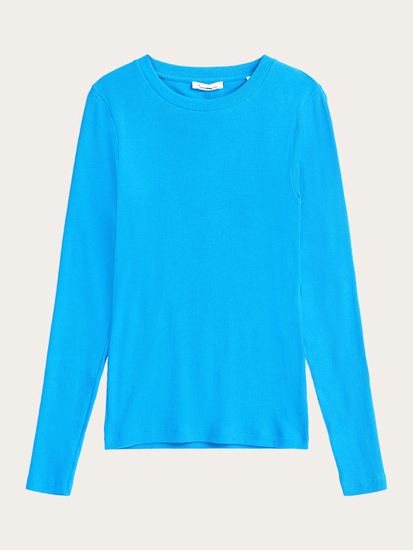 KnowledgeCotton Apparel - WMN Rib Scoop neck long sleeved T-shirts 1445 Malibu Blue