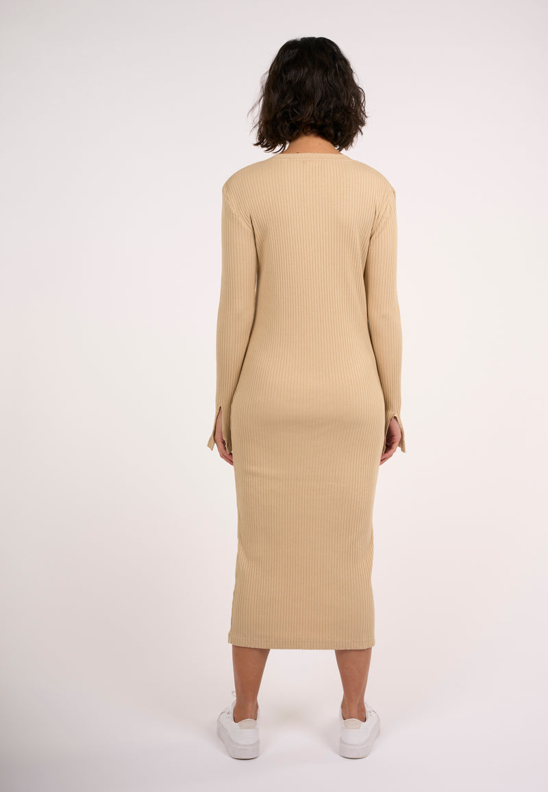 KnowledgeCotton Apparel - WMN Rib crew neck Lenzing™ slit dress Dresses 1347 Safari