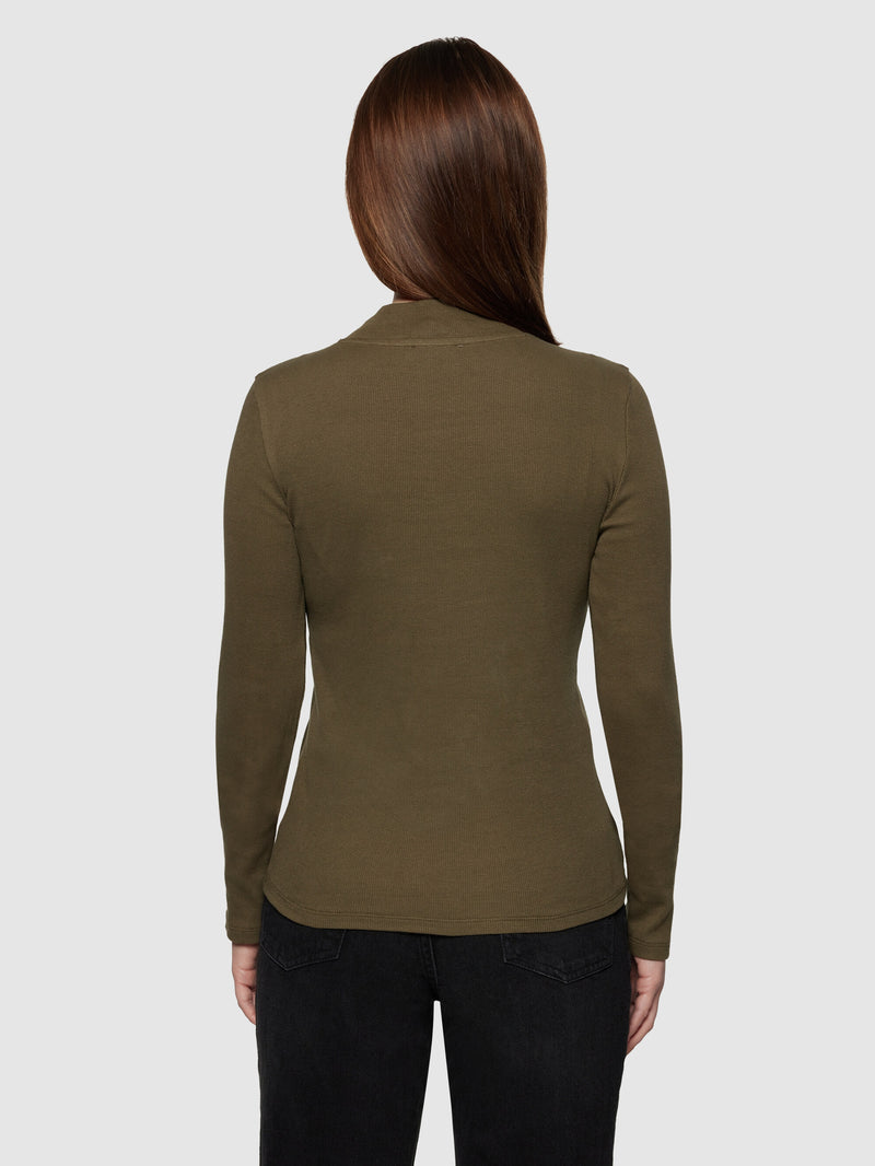 KnowledgeCotton Apparel - WMN Rib high neck LS T-shirts 1100 Dark Olive