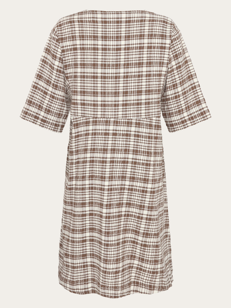 KnowledgeCotton Apparel - WMN Seersucker check tunica dress - GOTS/Vegan Dresses 7030 Beige check