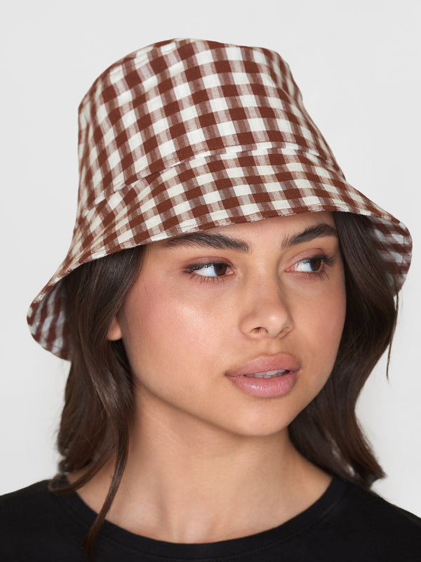 KnowledgeCotton Apparel - UNI Seersucker checkered bucket hat - GOTS/Vegan Hats 7026 Brown check