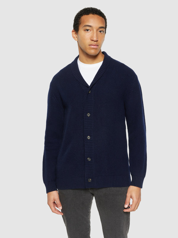 KnowledgeCotton Apparel - MEN Shawl neck wool cardigan - RWS Knits 1001 Total Eclipse