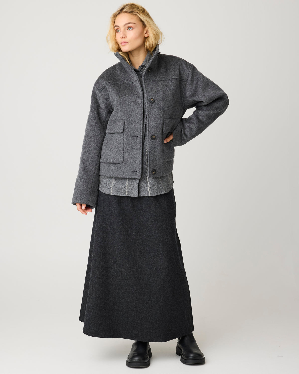 KnowledgeCotton Apparel - WMN Short wool jacket Jackets 1073 Dark Grey Melange