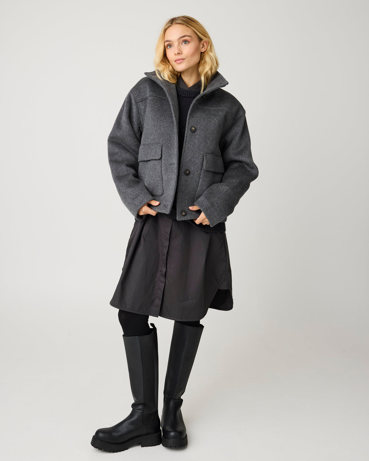 KnowledgeCotton Apparel - WMN Short wool jacket Jackets 1073 Dark Grey Melange