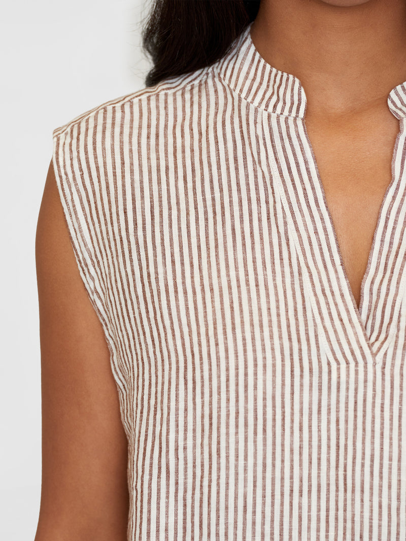 KnowledgeCotton Apparel - WMN Sleeveless linen stripe top - GOTS/Vegan Shirts 8026 Brown stripe