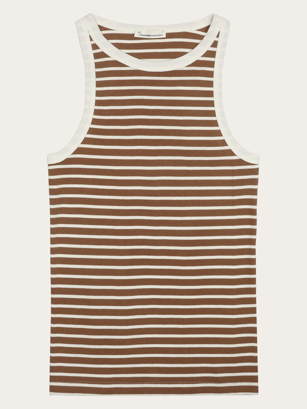 KnowledgeCotton Apparel - WMN Striped racer rib top T-shirts 8035 Dark Brown Stripe