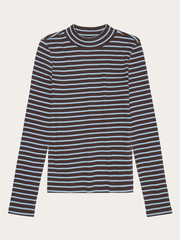 KnowledgeCotton Apparel - WMN Striped rib high neck long sleeved Long Sleeves 8026 Brown stripe