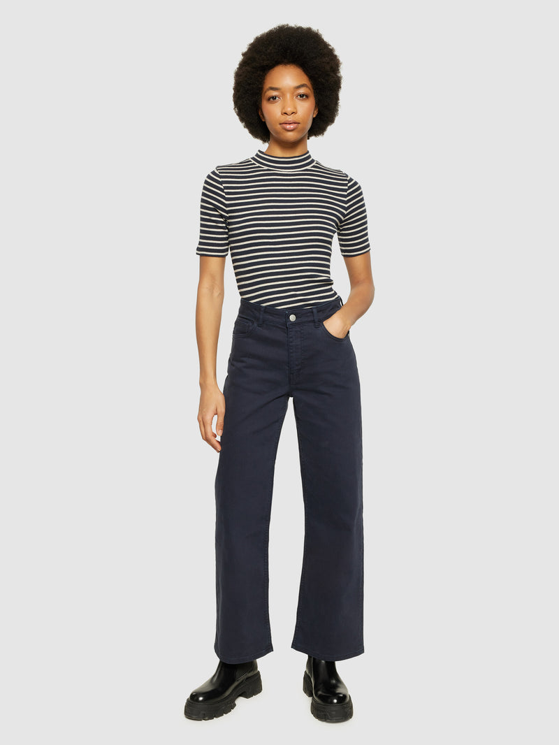 KnowledgeCotton Apparel - WMN Striped rib high neck short sleeved T-shirts 8003 Stripe - navy