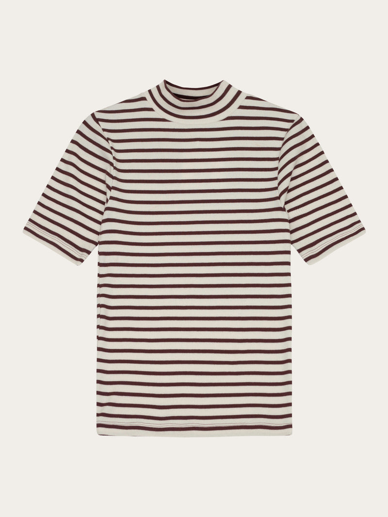 KnowledgeCotton Apparel - WMN Striped rib high neck short sleeved T-shirts 8009 Stripe - brown