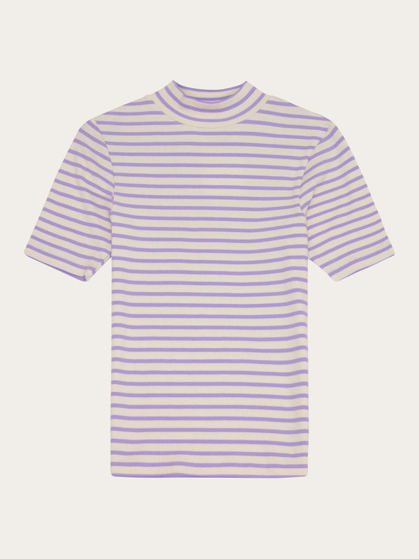 KnowledgeCotton Apparel - WMN Striped rib high neck short sleeved T-shirts 8027 Purple stripe