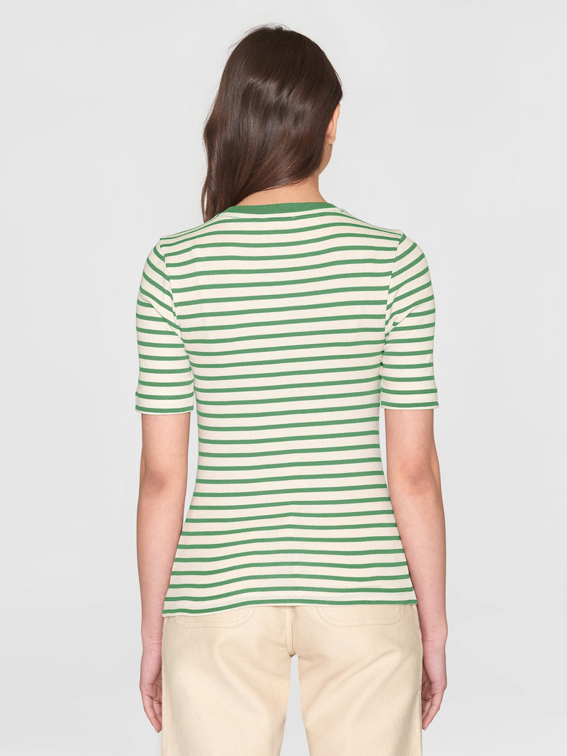 KnowledgeCotton Apparel - WMN Striped rib t-shirt T-shirts 8023 Green stripe
