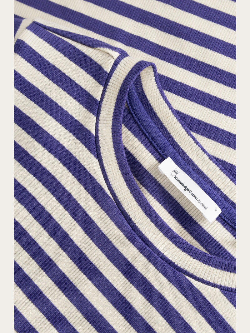 KnowledgeCotton Apparel - WMN Striped rib t-shirt T-shirts 8027 Purple stripe