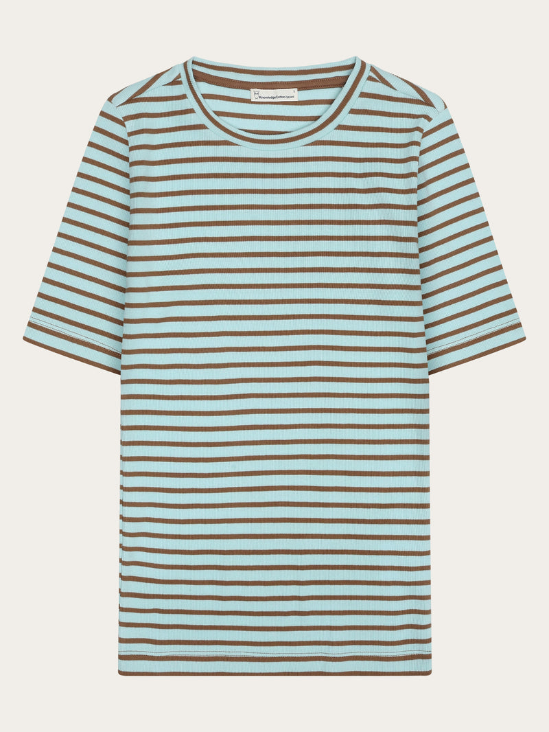 KnowledgeCotton Apparel - WMN Striped rib t-shirt T-shirts 8034 Light Blue Stripe