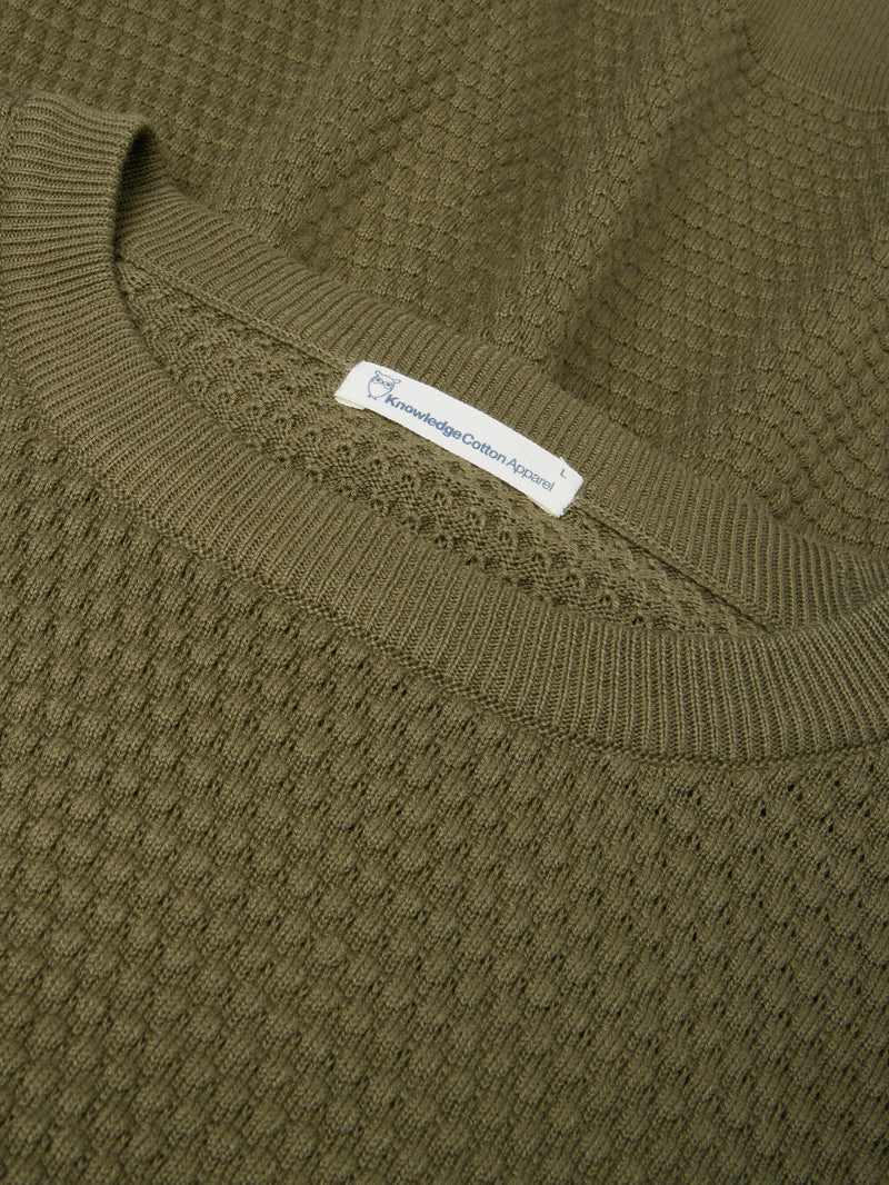 KnowledgeCotton Apparel - MEN VAGN regular bubble knit crew neck - Regenerative Organic Certified - GOTS/Vegan Knits 1068 Burned Olive