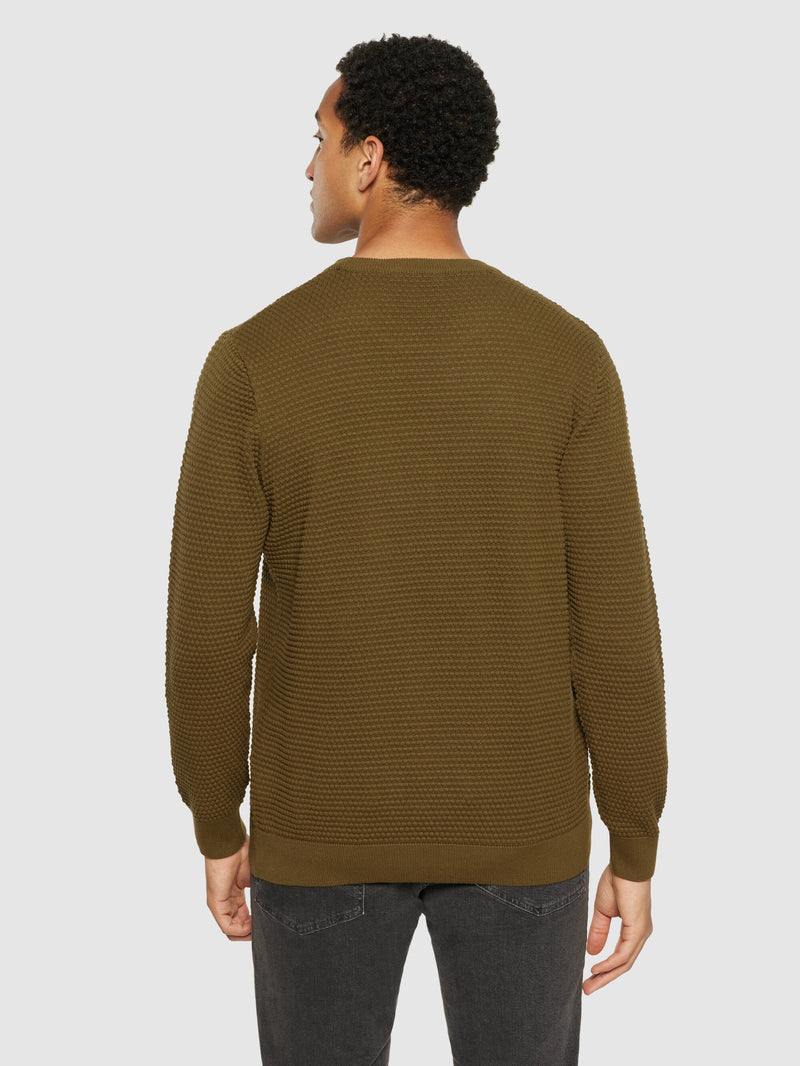 KnowledgeCotton Apparel - MEN VAGN regular bubble knit crew neck - Regenerative Organic Certified - GOTS/Vegan Knits 1100 Dark Olive