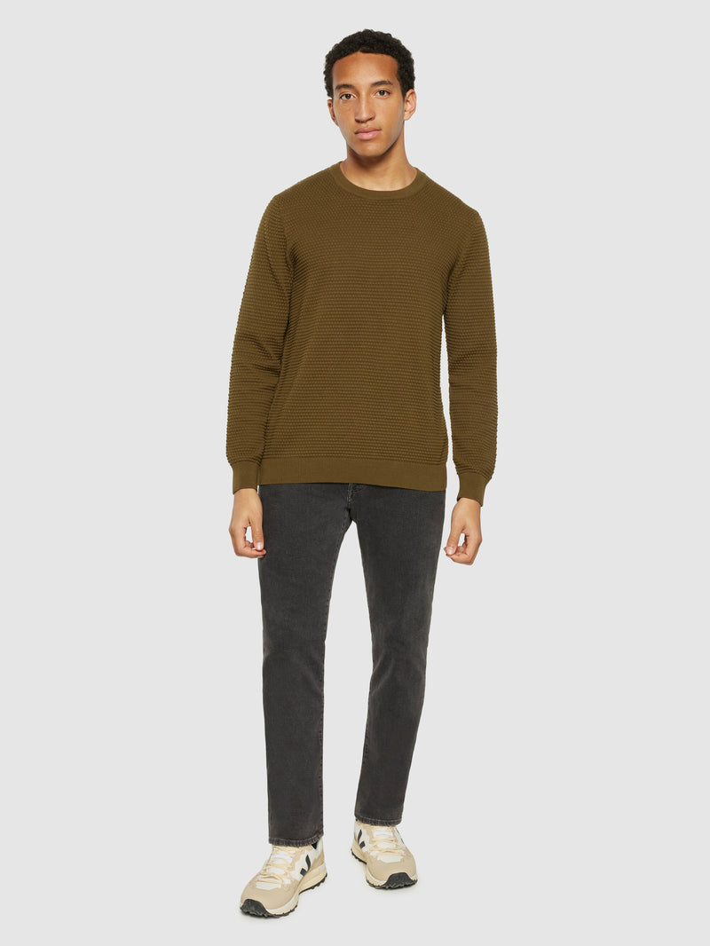KnowledgeCotton Apparel - MEN VAGN regular bubble knit crew neck - Regenerative Organic Certified - GOTS/Vegan Knits 1100 Dark Olive