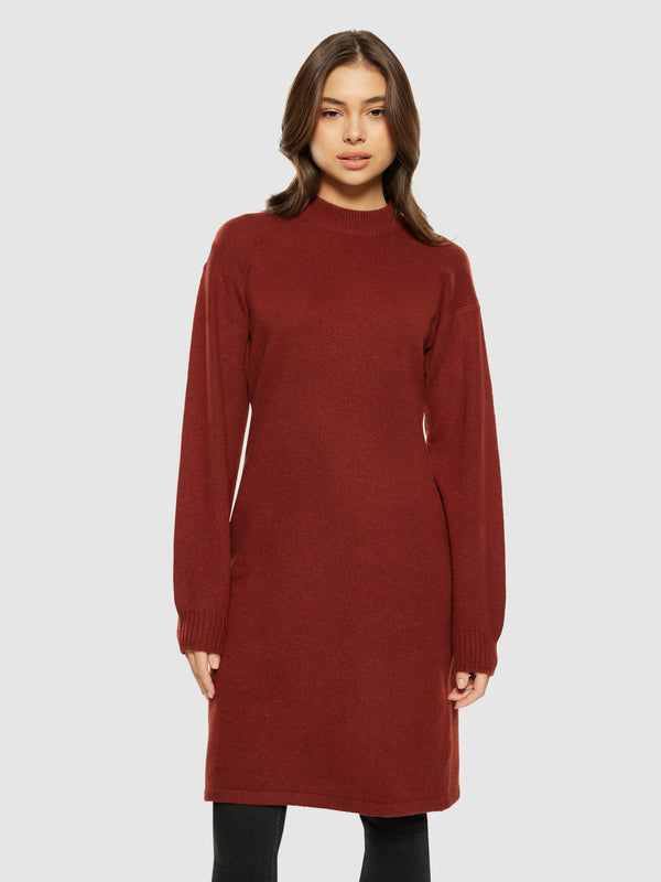 KnowledgeCotton Apparel - WMN Wool crew neck mid length dress Dresses 1478 Fired Brick