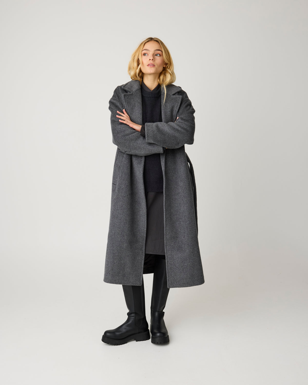 KnowledgeCotton Apparel - WMN Wool lapel coat Jackets 1073 Dark Grey Melange