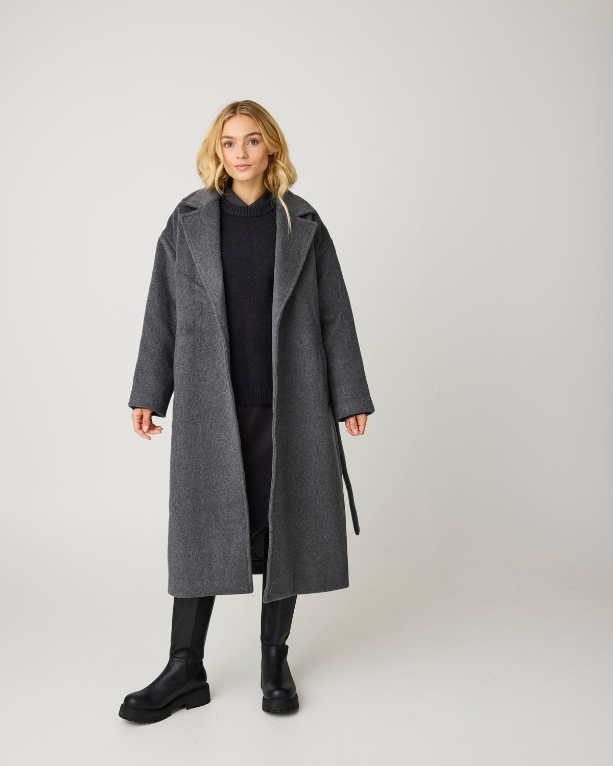 KnowledgeCotton Apparel - WMN Wool lapel coat Jackets 1073 Dark Grey Melange