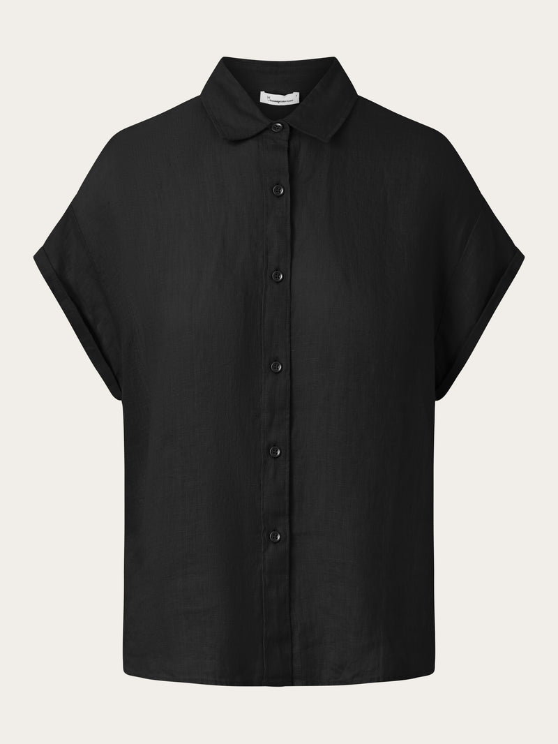 KnowledgeCotton Apparel - WMN ASTER fold up short sleeve linen shirt Shirts 1300 Black Jet