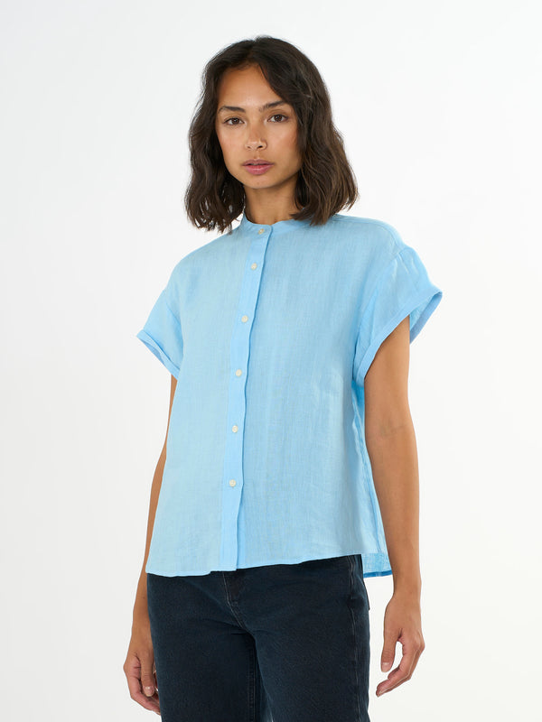 KnowledgeCotton Apparel - WMN Collar stand short sleeve linen shirt Shirts 1377 Airy Blue