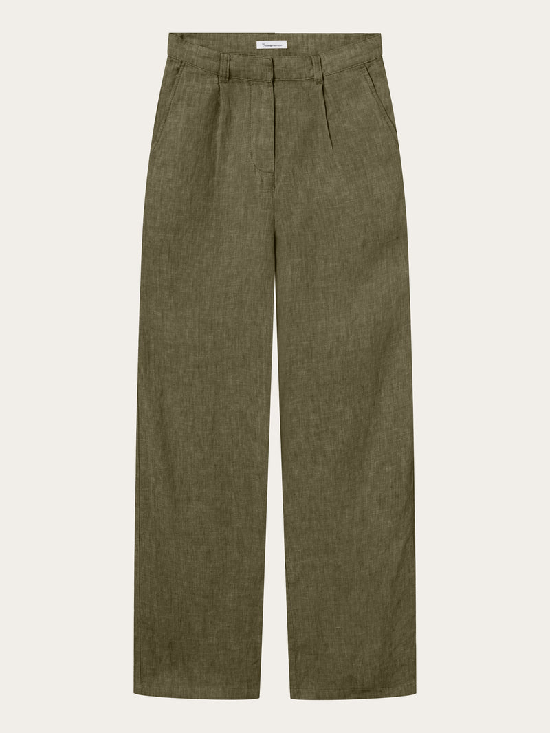 KnowledgeCotton Apparel - WMN Loose natural linen pants Pants 1068 Burned Olive