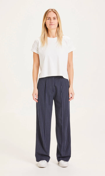 KnowledgeCotton Apparel - WMN POSEY pin strip wide pants Pants 1001 Total Eclipse
